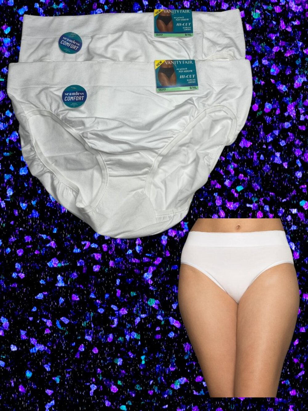 2 NWT Vanity Fair 13217 No Pinch No Show Seamless Womens Hi-Cut Panty White 8/XL